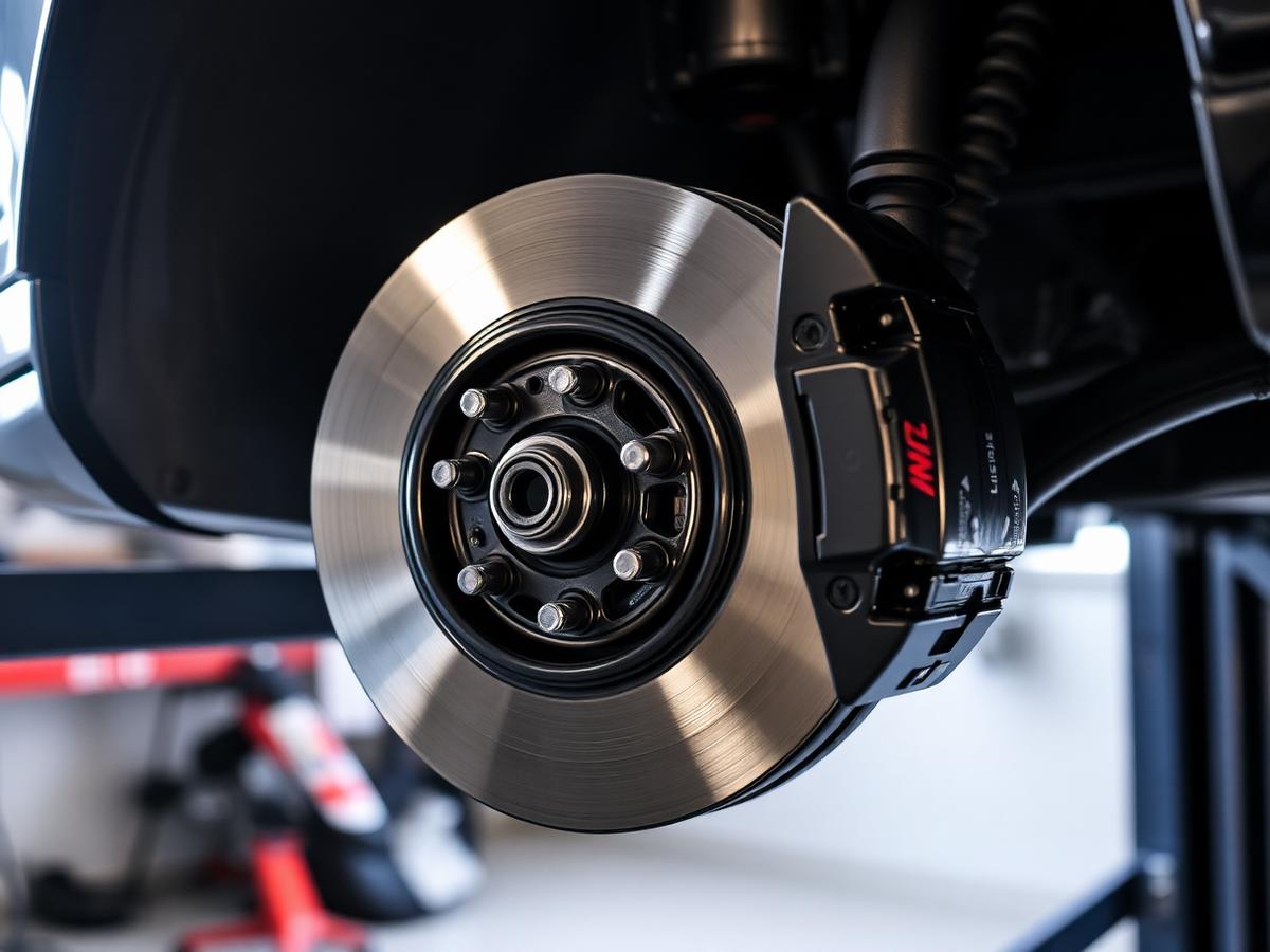New brake rotor and caliper on a lifted vehicle