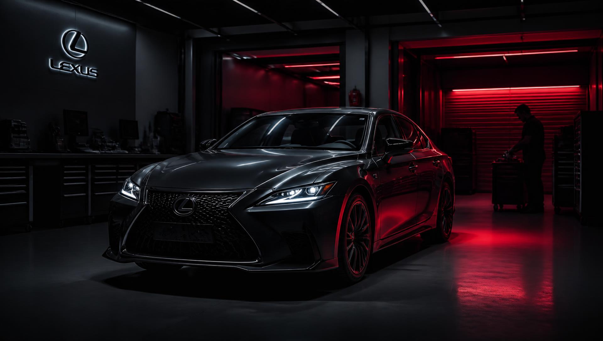 Luxury sedan inside a premium service bay with red lighting