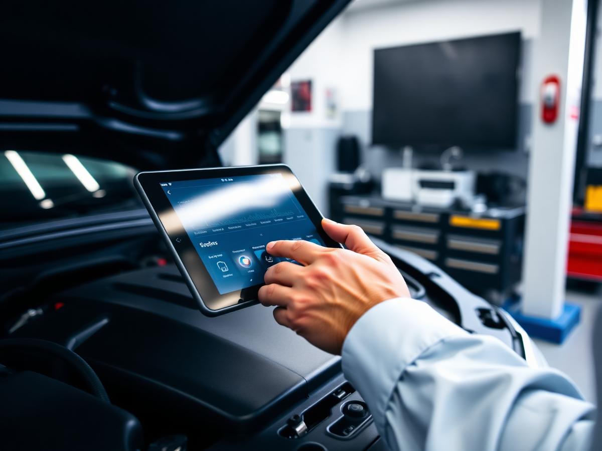 Technician running engine diagnostics on a tablet