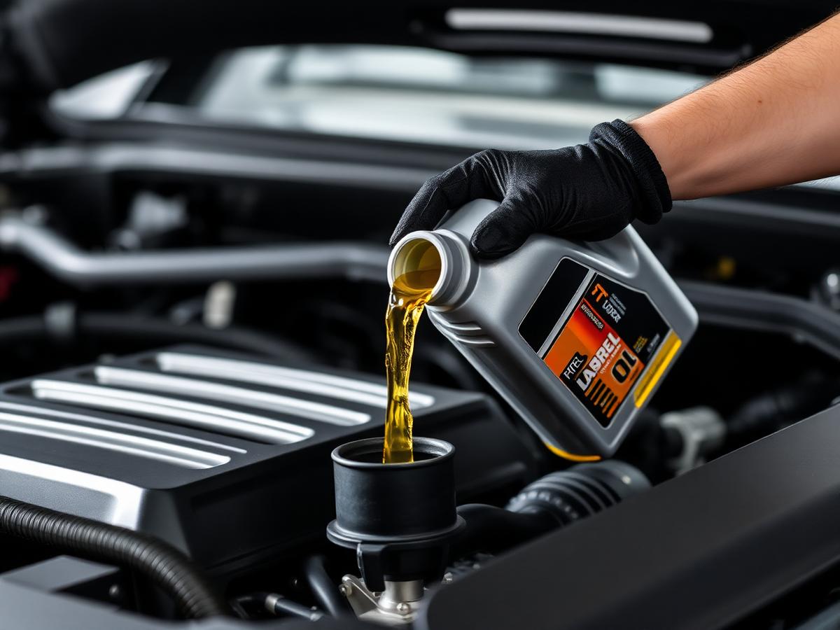 Fresh motor oil poured into a modern engine
