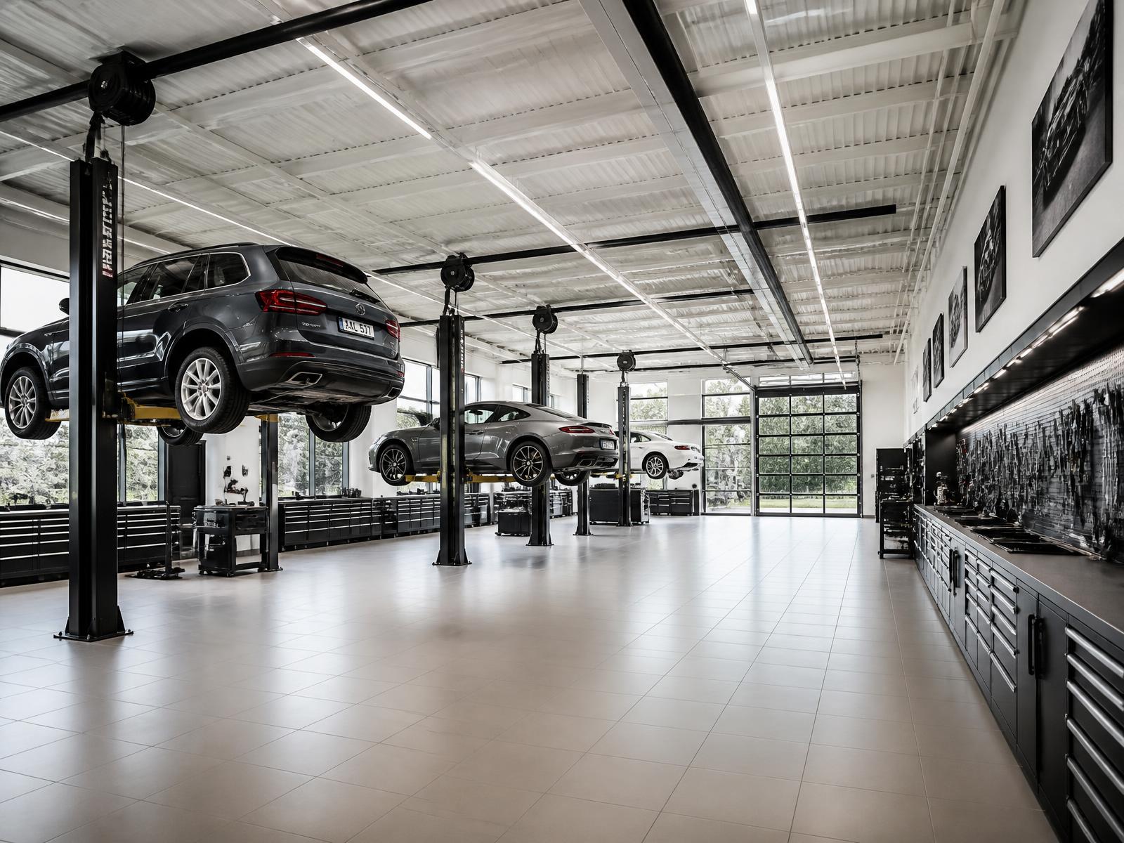 Clean modern Motor City Auto Repair workshop with vehicles on lifts